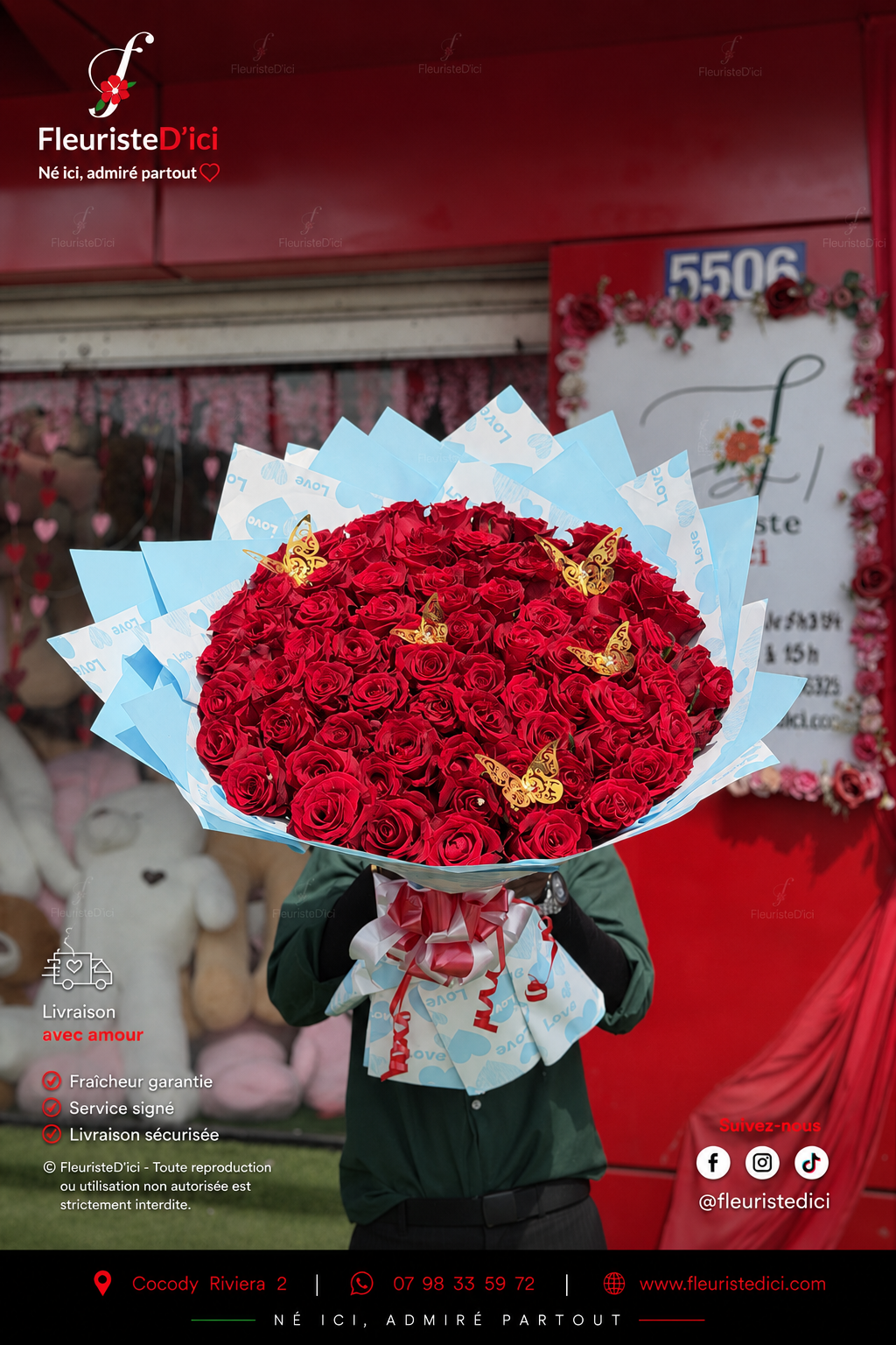 Bouquet Opulence – 80 Roses & Papillons Dorés